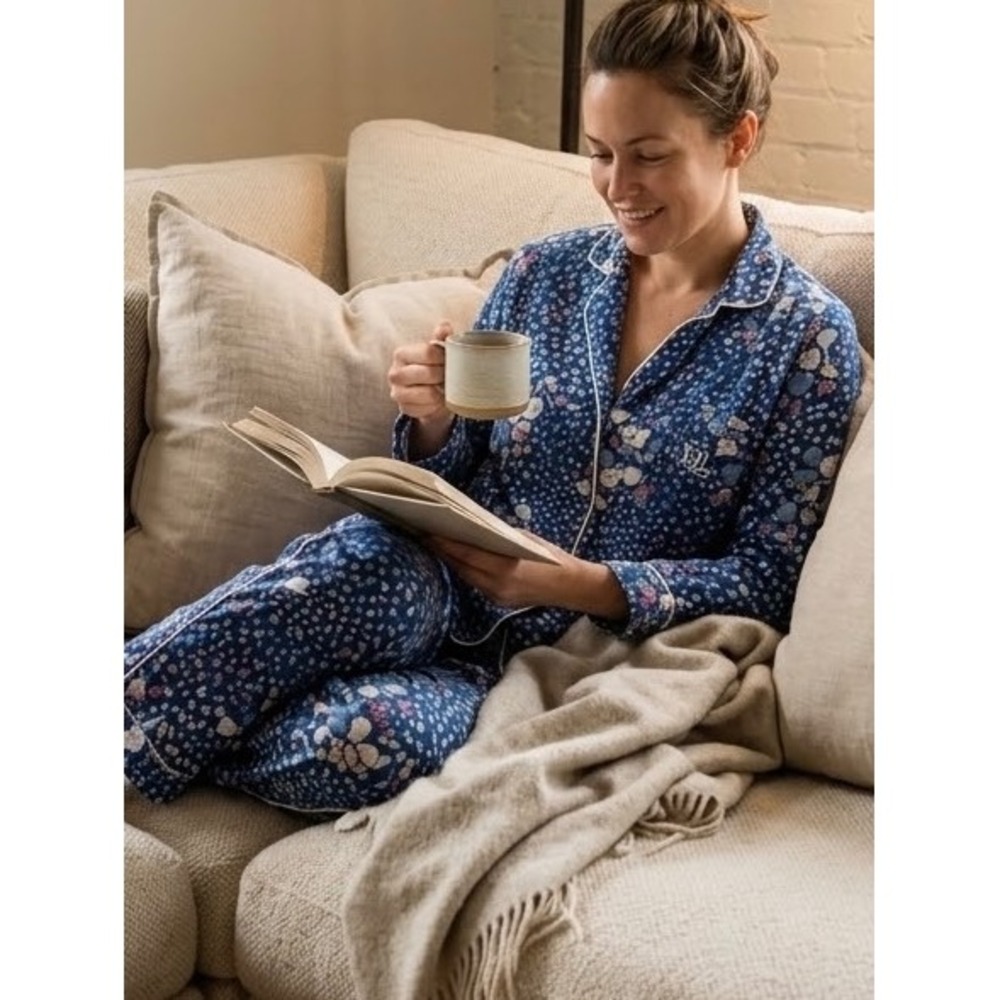 Lauren Ralph Lauren Womens Blue Floral Pajama Set Long Sleeve Pants Small
